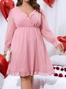 Celure Plus Swiss Dot Ruffle Trim Flounce Sleeve Dress - Baby Pink - View 4