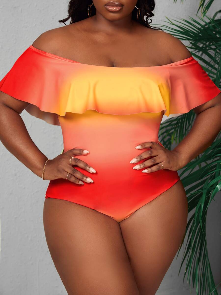 SHEIN Swim Curve Plus Ombre Ruffle Trim Off Shoulder One Piece Swimsuit - Multicolor - View 1