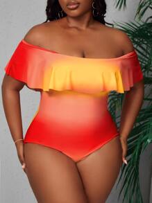 SHEIN Swim Curve Plus Ombre Ruffle Trim Off Shoulder One Piece Swimsuit - Multicolor - View 4