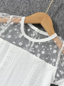 Toddler Girls Contrast Dobby Mesh Puff Sleeve Eyelet Embroidery Tee - White - View 4