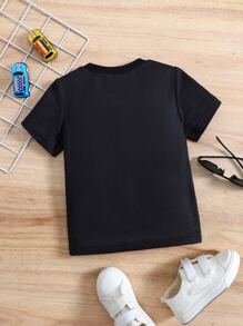 SHEIN garoto jovem Ocasional Preto Cartoon Slogan Camiseta , Redondo Gola , Manga Regular , Verão