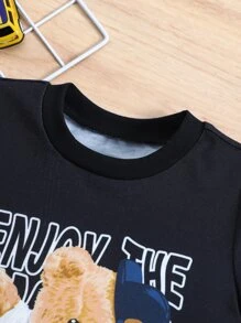 SHEIN garoto jovem Ocasional Preto Cartoon Slogan Camiseta , Redondo Gola , Manga Regular , Verão