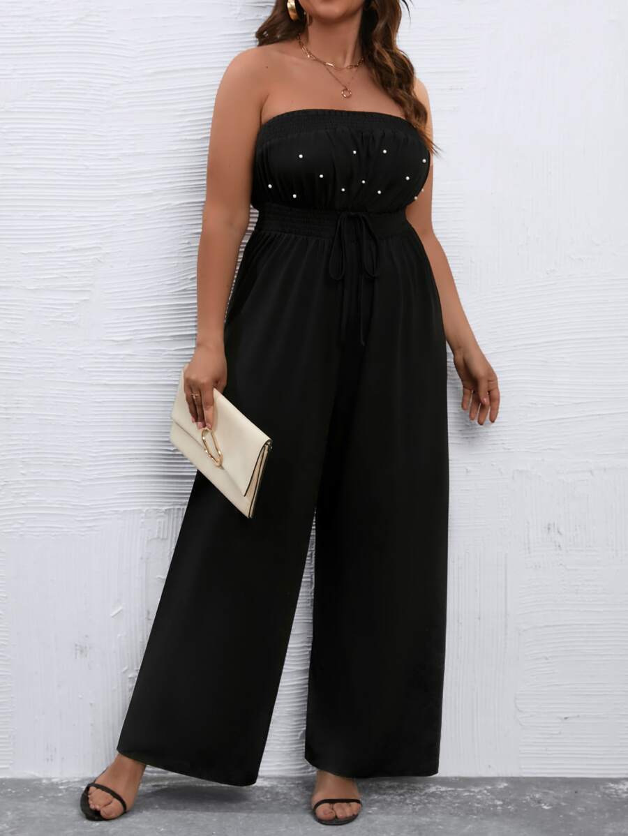 SHEIN Clasi Plus Pearls Beaded Knot Front Wide Leg Tube Jumpsuit - Black - View 1