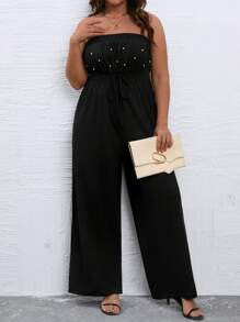 SHEIN Clasi Plus Pearls Beaded Knot Front Wide Leg Tube Jumpsuit - Black - View 4