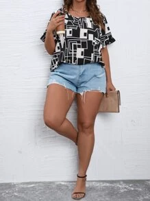 Calvaya Plus Geo Print Flounce Sleeve Blouse - Black and White - View 1