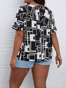 Calvaya Plus Geo Print Flounce Sleeve Blouse - Black and White - View 2