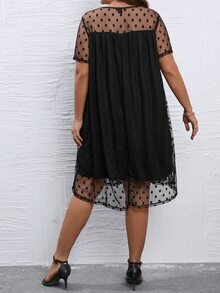 SHEIN LUNE Plus Polka Dot Mesh Overlay Dress - Black - View 2