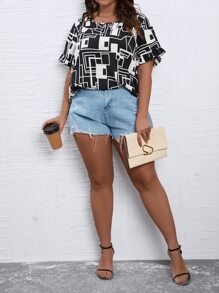 Calvaya Plus Geo Print Flounce Sleeve Blouse - Black and White - View 5