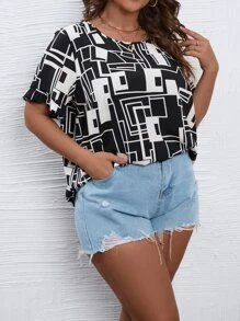 Calvaya Plus Geo Print Flounce Sleeve Blouse - Black and White - View 6