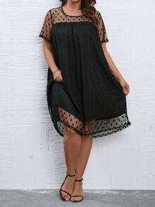 SHEIN LUNE Plus Polka Dot Mesh Overlay Dress - Black - View 3