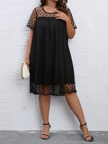 SHEIN LUNE Plus Polka Dot Mesh Overlay Dress - Black - View 4