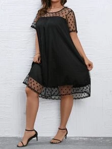 SHEIN LUNE Plus Polka Dot Mesh Overlay Dress - Black - View 5
