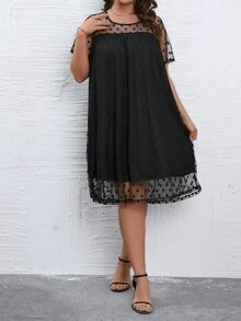 SHEIN LUNE Plus Polka Dot Mesh Overlay Dress - Black - View 6