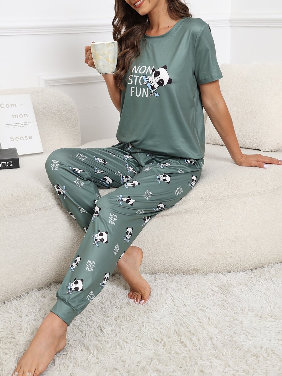 Panda & Slogan Graphic PJ Set / Pajama Set - Green - View 1