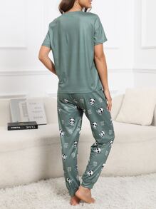 Panda & Slogan Graphic PJ Set / Pajama Set - Green - View 2