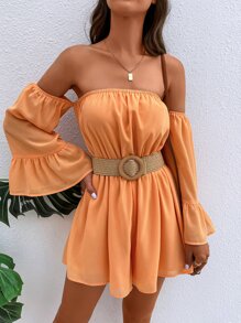 SHEIN VCAY Off Shoulder Flounce Sleeve Romper Without Belt - Coral Orange - View 6