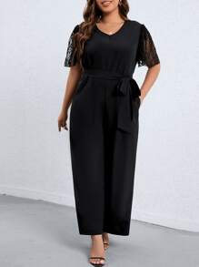 SHEIN LUNE Plus Contrast Lace Butterfly Sleeve Belted Jumpsuit - Black - View 1