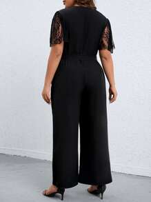 SHEIN LUNE Plus Contrast Lace Butterfly Sleeve Belted Jumpsuit - Black - View 2