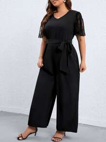 SHEIN LUNE Plus Contrast Lace Butterfly Sleeve Belted Jumpsuit - Black - View 4