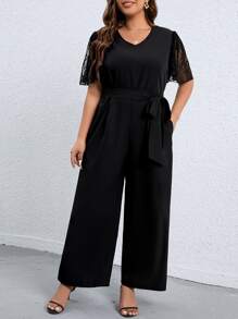SHEIN LUNE Plus Contrast Lace Butterfly Sleeve Belted Jumpsuit - Black - View 6