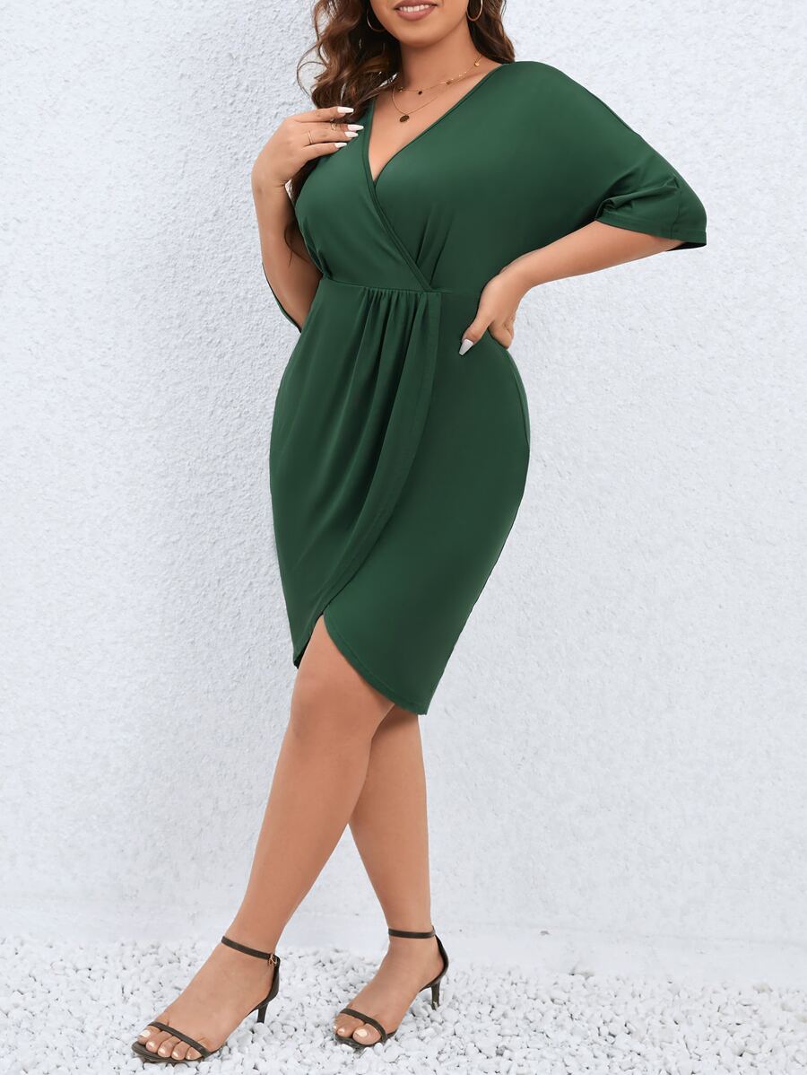 SHEIN LUNE Plus Surplice Neck Batwing Sleeve Wrap Hem Dress - Dark Green - View 1