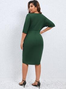 SHEIN LUNE Plus Surplice Neck Batwing Sleeve Wrap Hem Dress - Dark Green - View 2
