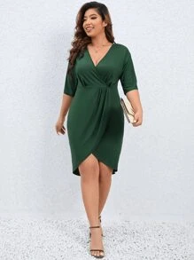SHEIN LUNE Plus Surplice Neck Batwing Sleeve Wrap Hem Dress - Dark Green - View 3