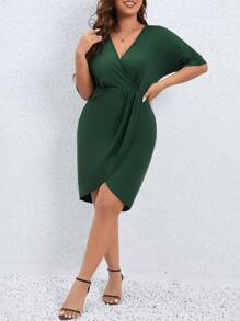 SHEIN LUNE Plus Surplice Neck Batwing Sleeve Wrap Hem Dress - Dark Green - View 4