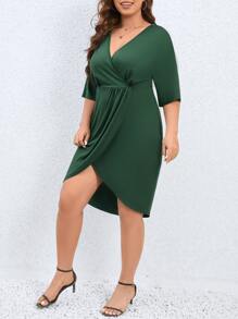 SHEIN LUNE Plus Surplice Neck Batwing Sleeve Wrap Hem Dress - Dark Green - View 5