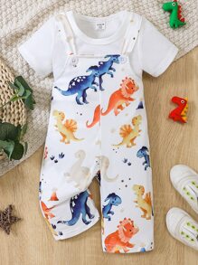 Baby Solid Tee & Dinosaur Print Overall Jumpsuit - White - View 1