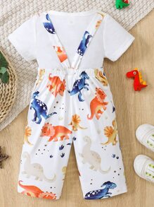 Baby Solid Tee & Dinosaur Print Overall Jumpsuit - White - View 2