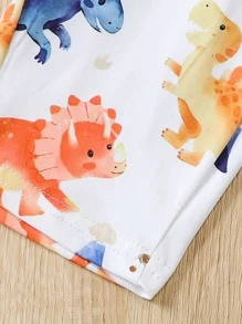 Baby Solid Tee & Dinosaur Print Overall Jumpsuit - White - View 7