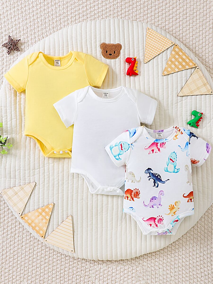 Baby 3pcs Dinosaur Print Bodysuit - Multicolor - View 1