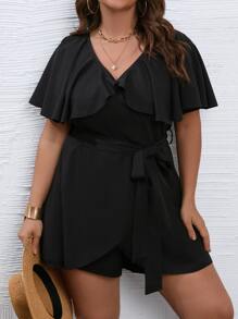 SHEIN LUNE Plus Ruffle Trim Wrap Hem Belted Romper - Black - View 4