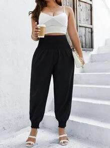 SHEIN LUNE Plus Shirred Waist Carrot Trousers - Black - View 4