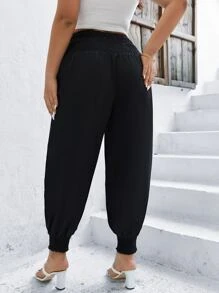 SHEIN LUNE Plus Shirred Waist Carrot Trousers - Black - View 2