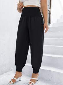 SHEIN LUNE Plus Shirred Waist Carrot Trousers - Black - View 1