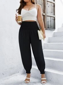 SHEIN LUNE Plus Shirred Waist Carrot Trousers - Black - View 5