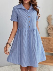 SHEIN LUNE Đầm Nút phía trước Sọc Giải trí - Màu xanh lam - Xem 1