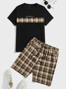 Manfinity Men Plaid & Letter Graphic Tee & Drawstring Waist Shorts - Multicolor - View 1