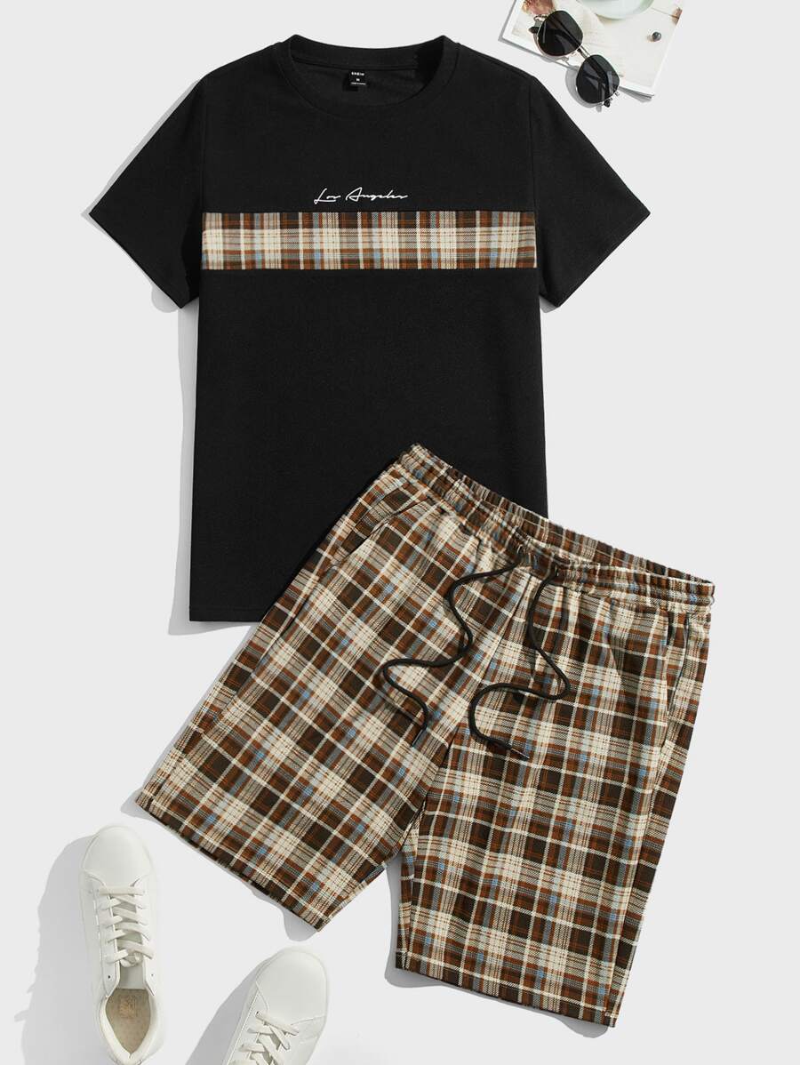 Manfinity Men Plaid & Letter Graphic Tee & Drawstring Waist Shorts - Multicolor - View 1