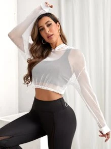 SHEIN Running 鏤空短款連帽運動衛衣不附帶背心 - 白色 - 查看 4