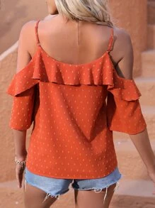 SHEIN VCAY Áo sơ mi Chấm Swiss Viền Ruffle Vai lạnh bờ biển - Màu Cam cháy - Xem 2