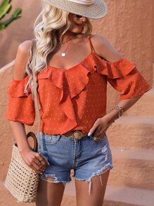 SHEIN VCAY Áo sơ mi Chấm Swiss Viền Ruffle Vai lạnh bờ biển - Màu Cam cháy - Xem 3