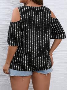 Flirla Plus Polka Dot Print Cold Shoulder Guipure Lace Panel Blouse - Black - View 2