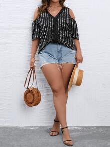 Flirla Plus Polka Dot Print Cold Shoulder Guipure Lace Panel Blouse - Black - View 4