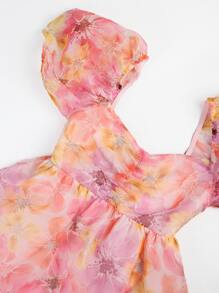 SHEIN Unity 印花胸部褶皺泡泡袖歐根紗連衣裙 - 彩色 - 查看 6