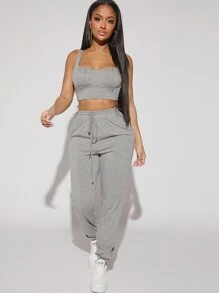 Denimoi Bộ áo crop top & quần bó sát ngực xếp nếp hai mảnh - Màu Xám nhạt - Xem 5
