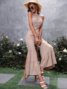 SHEIN VCAY Solid Ruffle Hem Halter Jumpsuit - Khaki - View 3