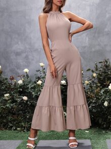 SHEIN VCAY Solid Ruffle Hem Halter Jumpsuit - Khaki - View 4